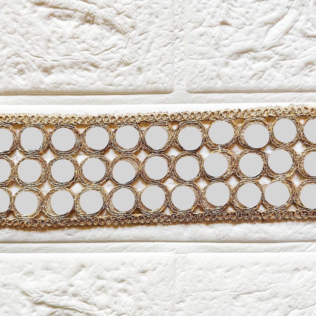 Round Mirror Golden Lace for Fancy Suit, Decorative Saree and Dupatta, Luxury Lehnga