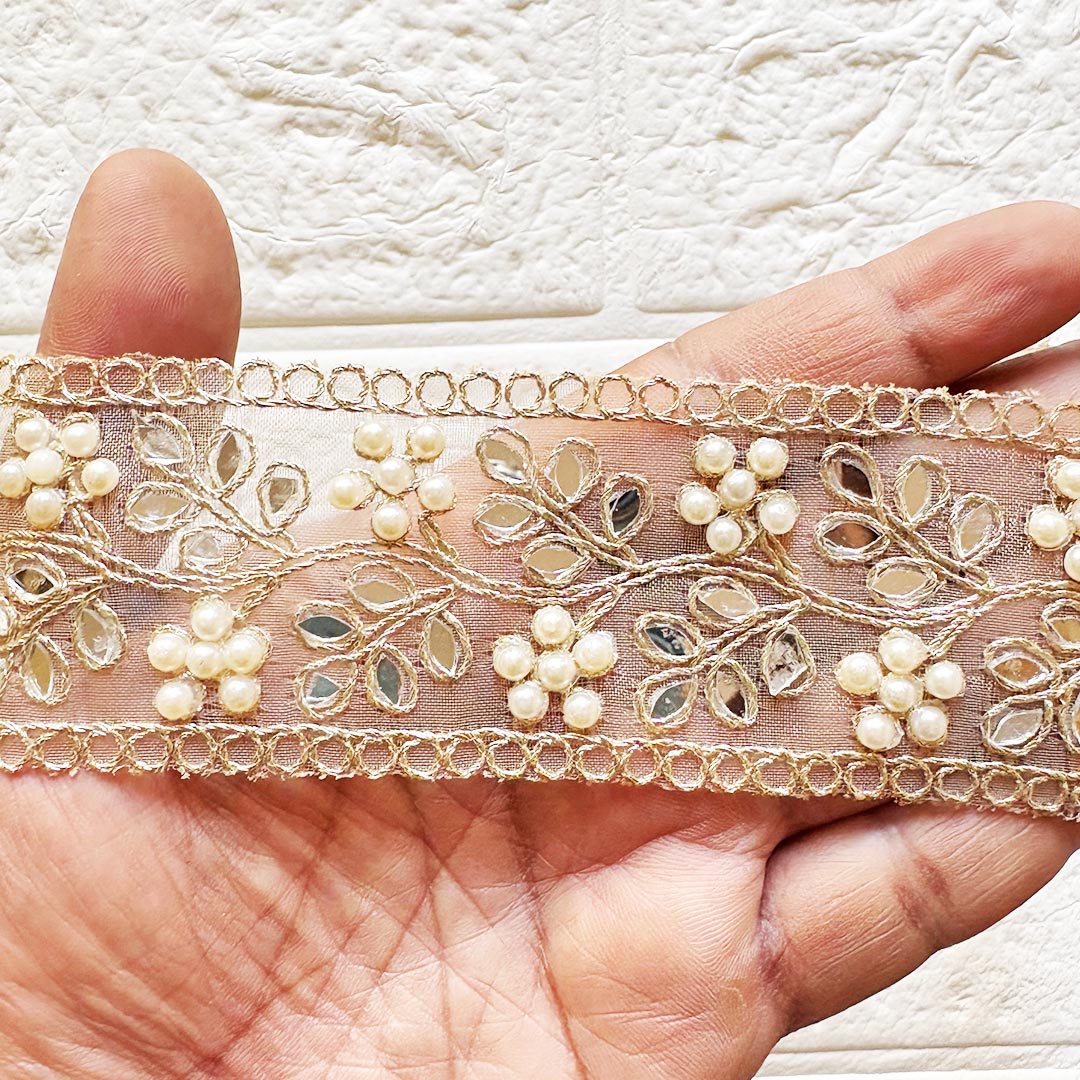 Mirror & Flower Work Golden Lace for Fancy Suit, Decorative Saree and Dupatta, Luxury Lehnga