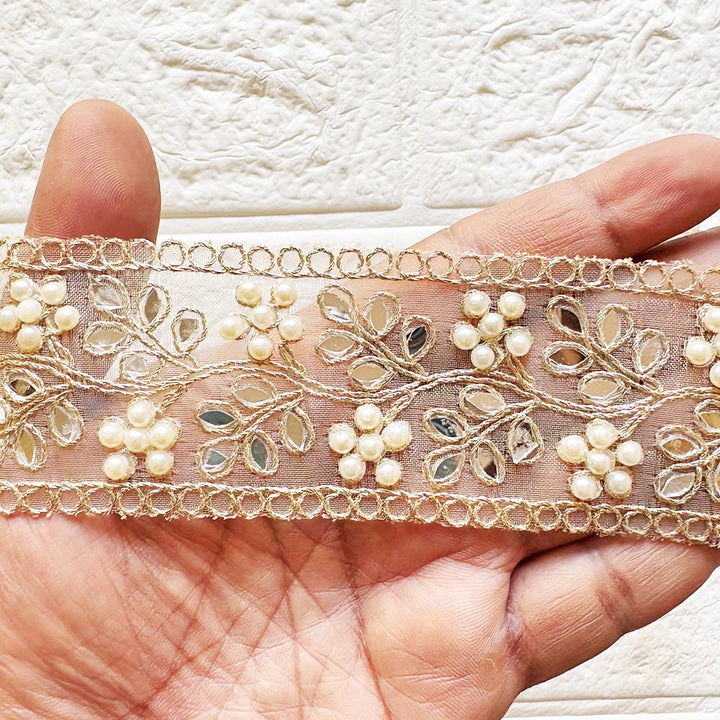 Mirror & Flower Work Golden Lace for Fancy Suit, Decorative Saree and Dupatta, Luxury Lehnga