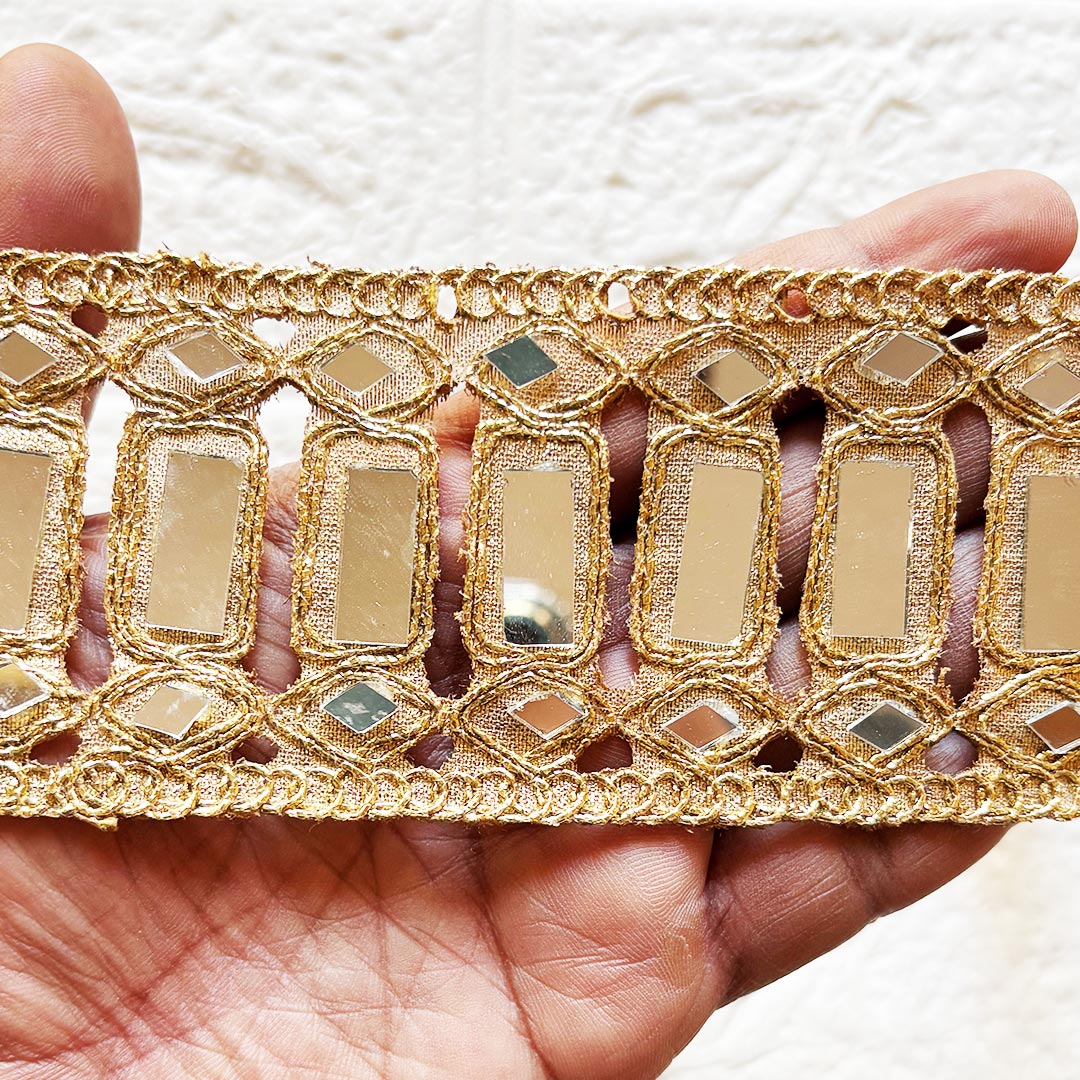 Rectangle Mirror Golden Lace for Fancy Suit, Decorative Saree and Dupatta, Luxury Lehnga