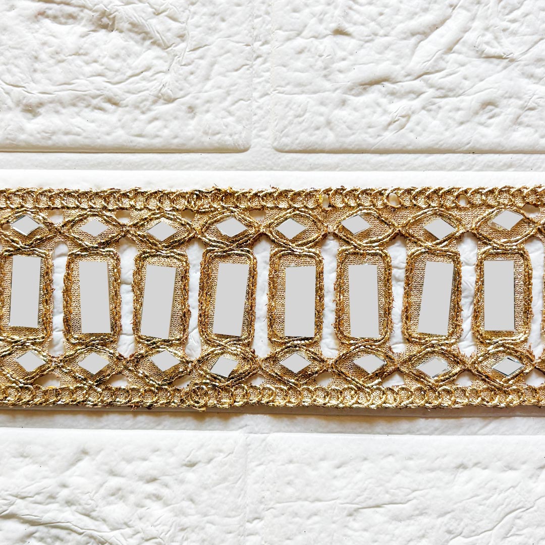 Rectangle Mirror Golden Lace for Fancy Suit, Decorative Saree and Dupatta, Luxury Lehnga