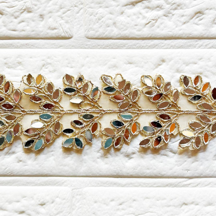 Flower Mirror Work Golden Lace for Fancy Suit, Decorative Saree and Dupatta, Luxury Lehnga