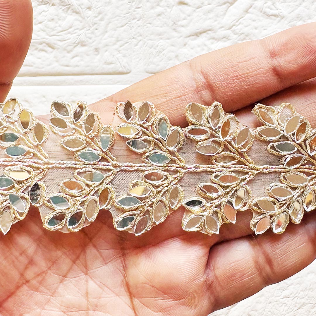 Flower Mirror Work Golden Lace for Fancy Suit, Decorative Saree and Dupatta, Luxury Lehnga