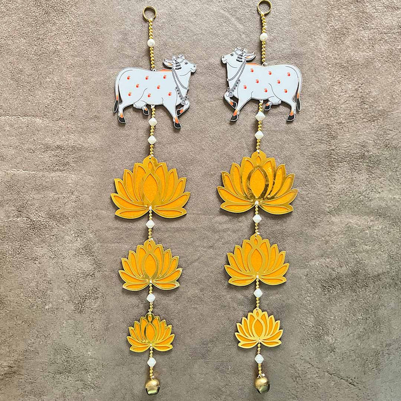 Mango Yellow Color Velvet Acrylic Lotus Flower With Pichwai Cow Hanging For Decoration Set Of 2
