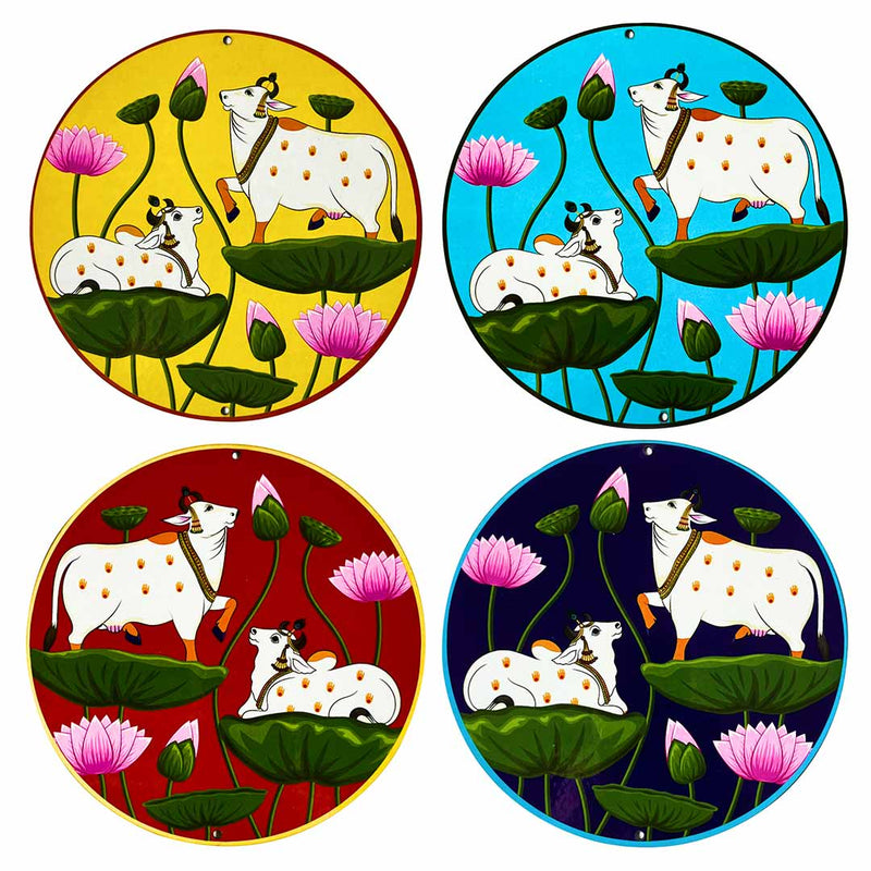 Multicolored Pichwai Cow Pair With Lotus In Round Shape Set Of 4