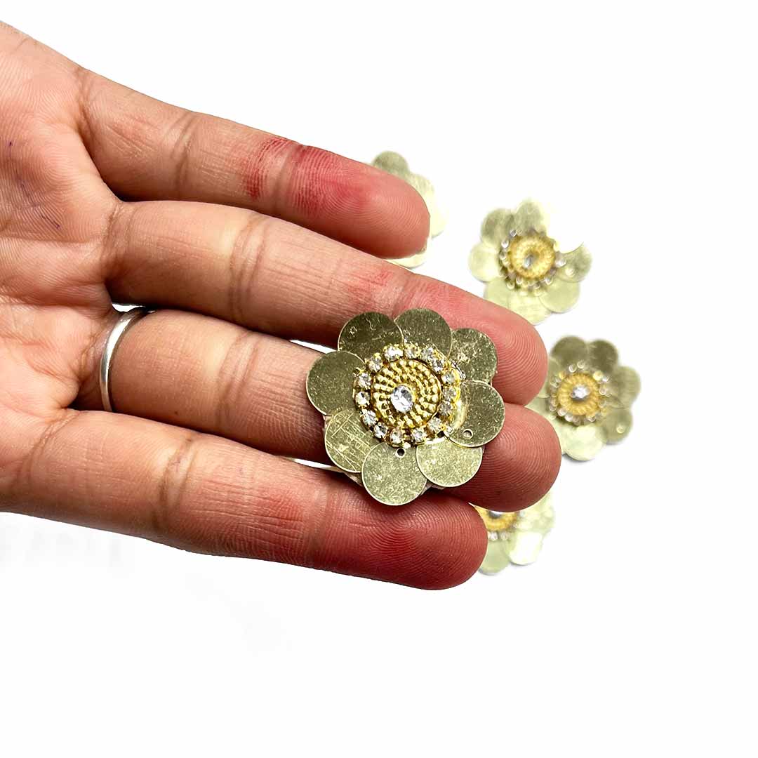 Golden Sequien Flower | Sequien flower | Booti Pack of 10 | Sequien Flower Shape Booti Pack Of 10 | Craft | Art | Dress | Dress Making | Decoration | Art Craft | Fancy Style | Style | Shop | Fashion | Online | Adikala Craft Store | Adikala 