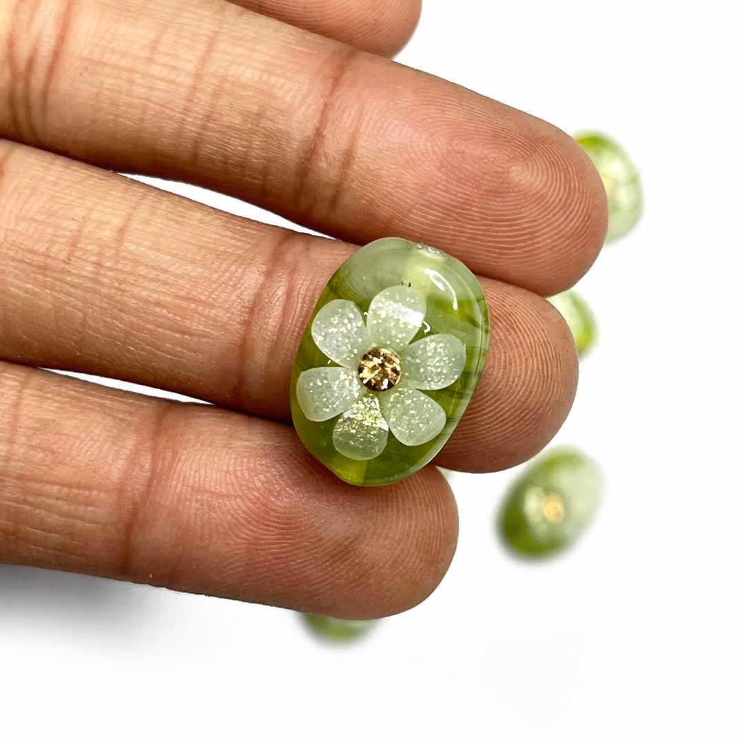 Parrot Green  Color Button | Parrot Green  Button | Buttons | White Flower Button | Jarkan Oval Shape Button | Buttons Set of 10 | Art | Craft | Decoration | Dress Making | Dress | Yellow Artificial Buttons | Adikala Craft Store | Adikala
