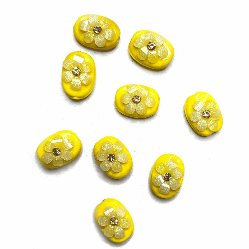 Yellow Color Button | Yellow Button | Buttons | White Flower Button | Jarkan Oval Shape Button | Buttons Set of 10 | Art | Craft | Decoration | Dress Making | Dress | Yellow Artificial Buttons | Adikala Craft Store | Adikala