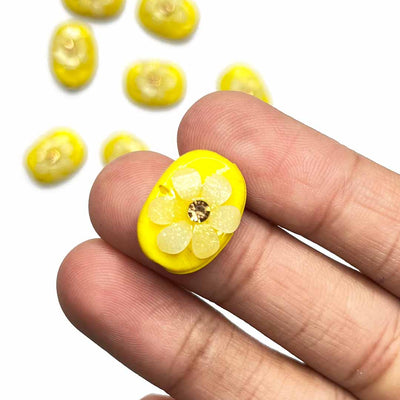 Yellow Color Button | Yellow Button | Buttons | White Flower Button | Jarkan Oval Shape Button | Buttons Set of 10  | Art | Craft | Decoration | Dress Making | Dress | Yellow Artificial Buttons | Adikala Craft Store | Adikala