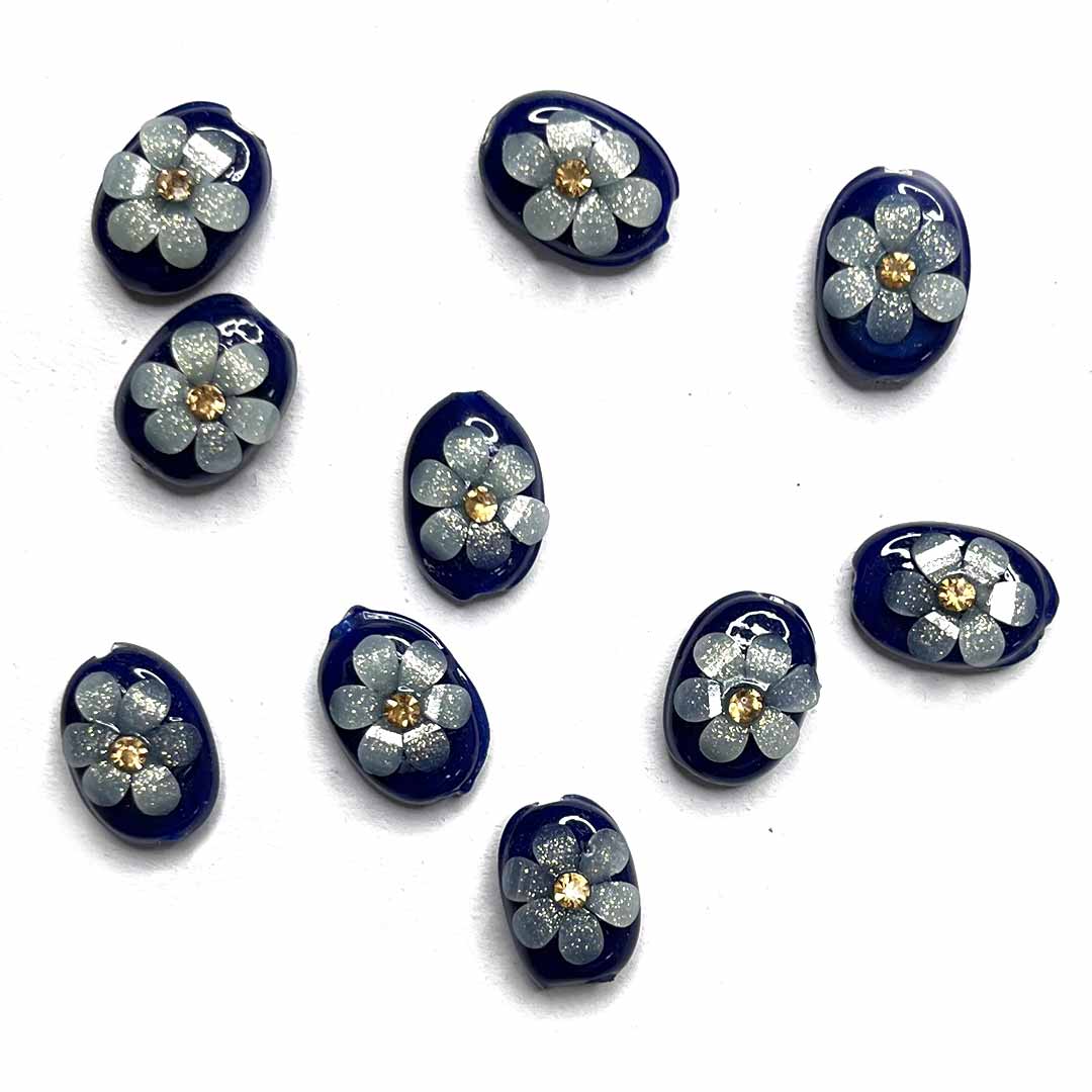 Dark Blue  Color Button | Blue Button | Buttons | White Flower Button | Jarkan Oval Shape Button | Buttons Set of 10 | Art | Craft | Decoration | Dress Making | Dress | Yellow Artificial Buttons | Adikala Craft Store | Adikala