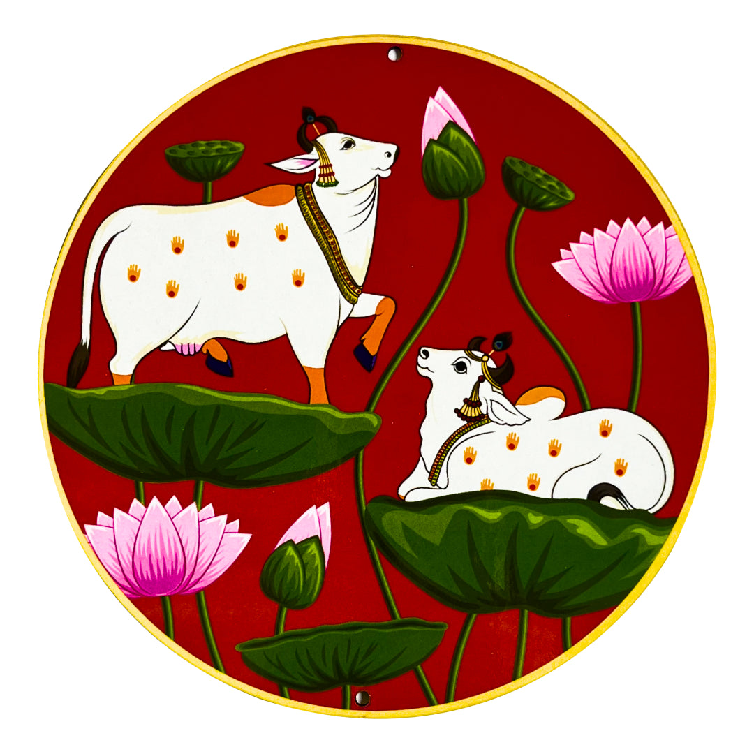 Red Pichwai Pair Cow With Lotus Mdf 6 IN Cutout for Diwali | Dussehra | Rangoli | Pooja | Festival Gift