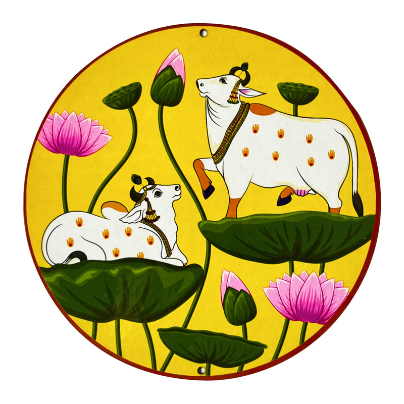 Yellow Pichwai Pair Cow With Lotus Mdf 6 IN