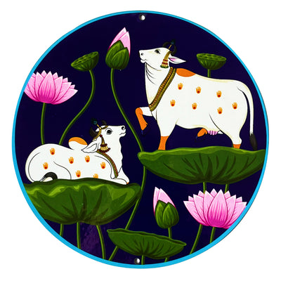 Multicolored Pichwai Cow Pair With Lotus In Round Shape Set Of 4