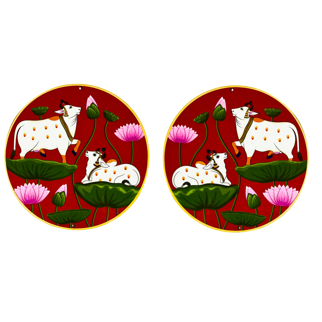 Red Pichwai Pair Cow With Lotus Mdf 6 IN Cutout for Diwali | Dussehra | Rangoli | Pooja | Festival Gift