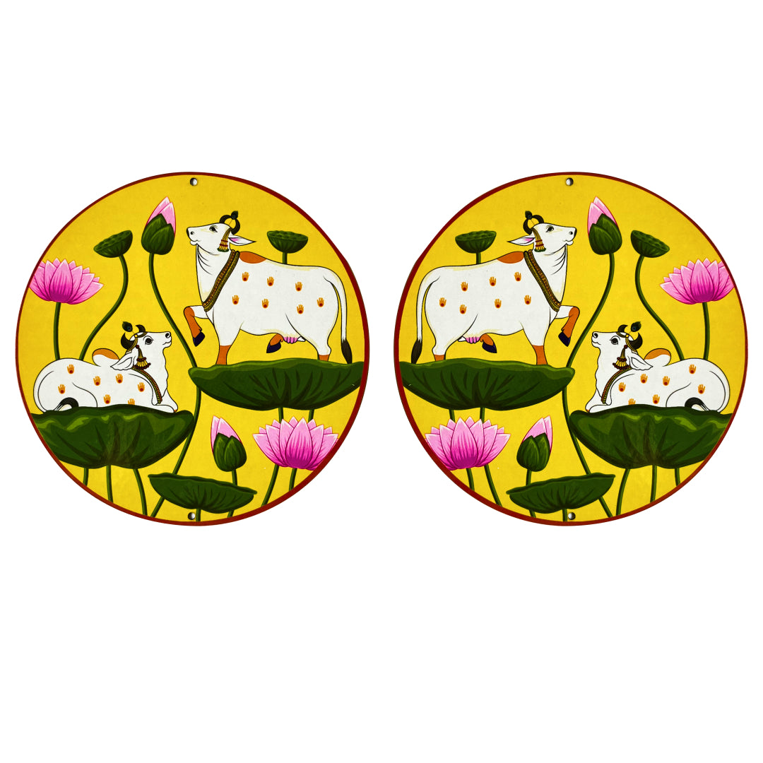 Yellow Pichwai Pair Cow With Lotus Mdf 6 IN Cutout for Diwali | Dussehra | Rangoli | Pooja | Festival Gift