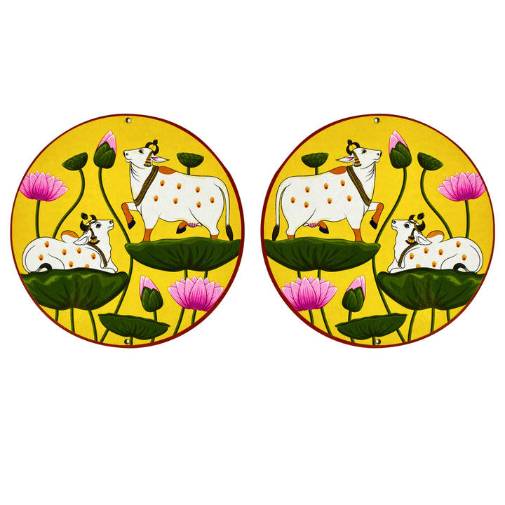 Yellow Pichwai Pair Cow With Lotus Mdf 6 IN Cutout for Diwali | Dussehra | Rangoli | Pooja | Festival Gift