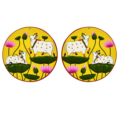 Yellow Pichwai Pair Cow With Lotus Mdf 6 IN