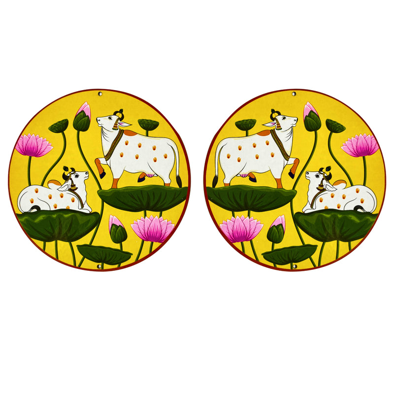Yellow Pichwai Pair Cow With Lotus Mdf 6 IN