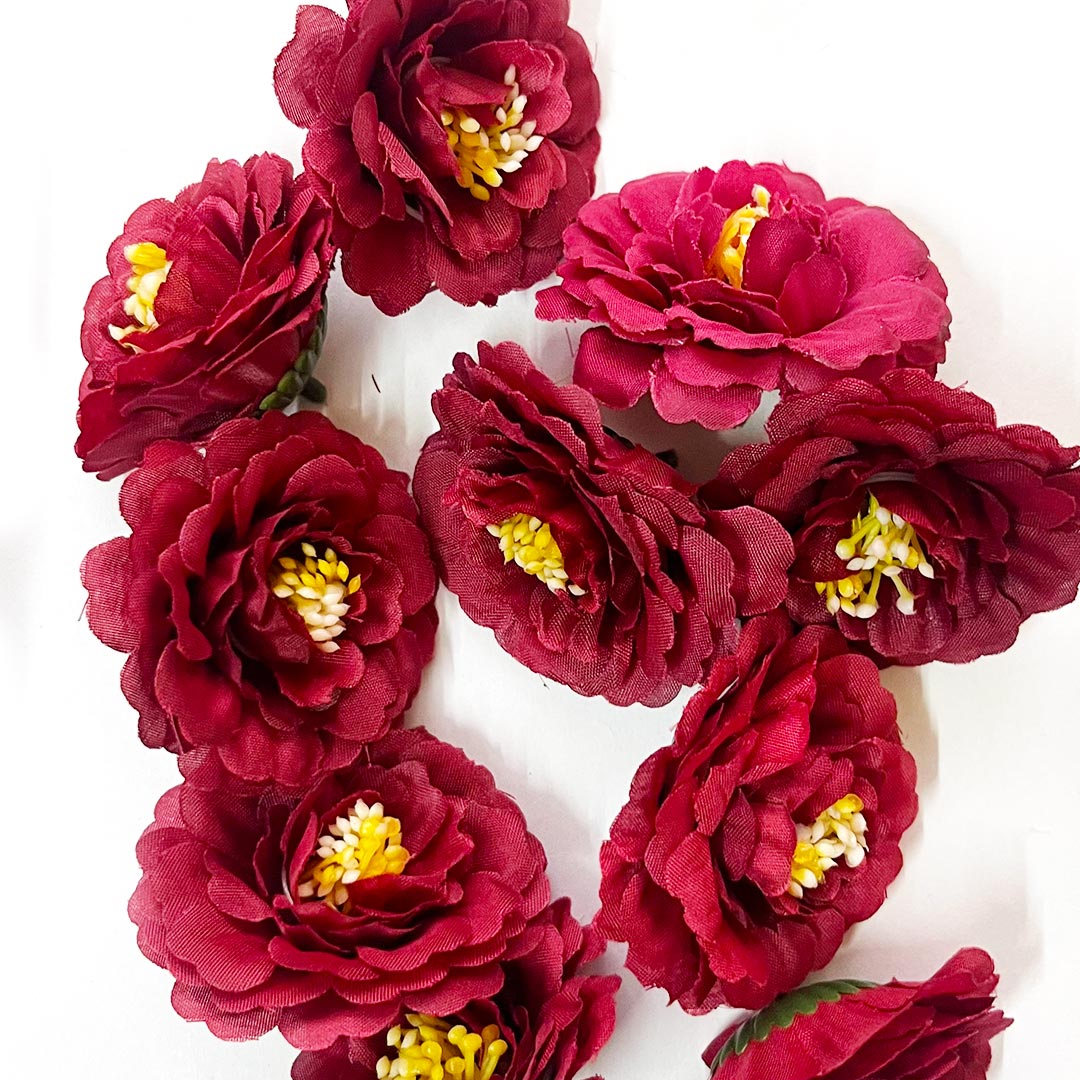 Maroon Color Peony Flower Head Artificial Pack of 20 (5.5cm) for Home, Gift, Christmas,Valentine, Mandir Pooja Table, Cake Decor, Bouquet Making Decoration