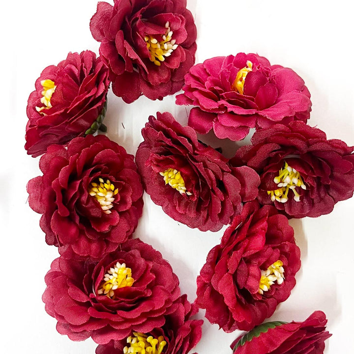 Maroon Color Peony Flower Head Artificial Pack of 20 (5.5cm) for Home, Gift, Christmas,Valentine, Mandir Pooja Table, Cake Decor, Bouquet Making Decoration