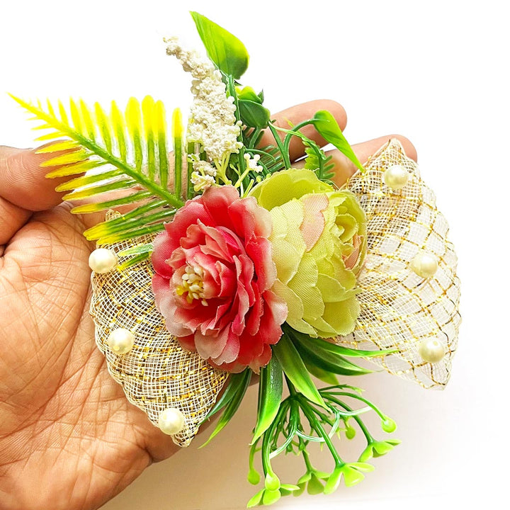 Red & Parrot Green Peony Flower Bunch Pack Of 4 for Trousseau Gift & Hamper Packaging, Wedding & Festive Decoration