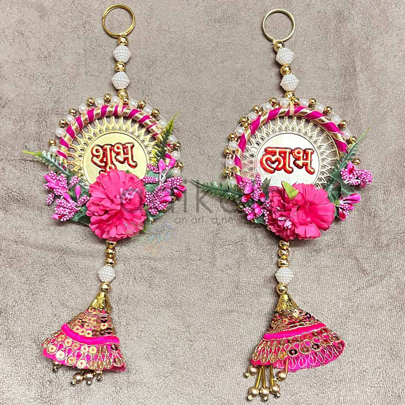 Rani Pink Color Floral With Zari Cone & Subh Labh Hanging Pair