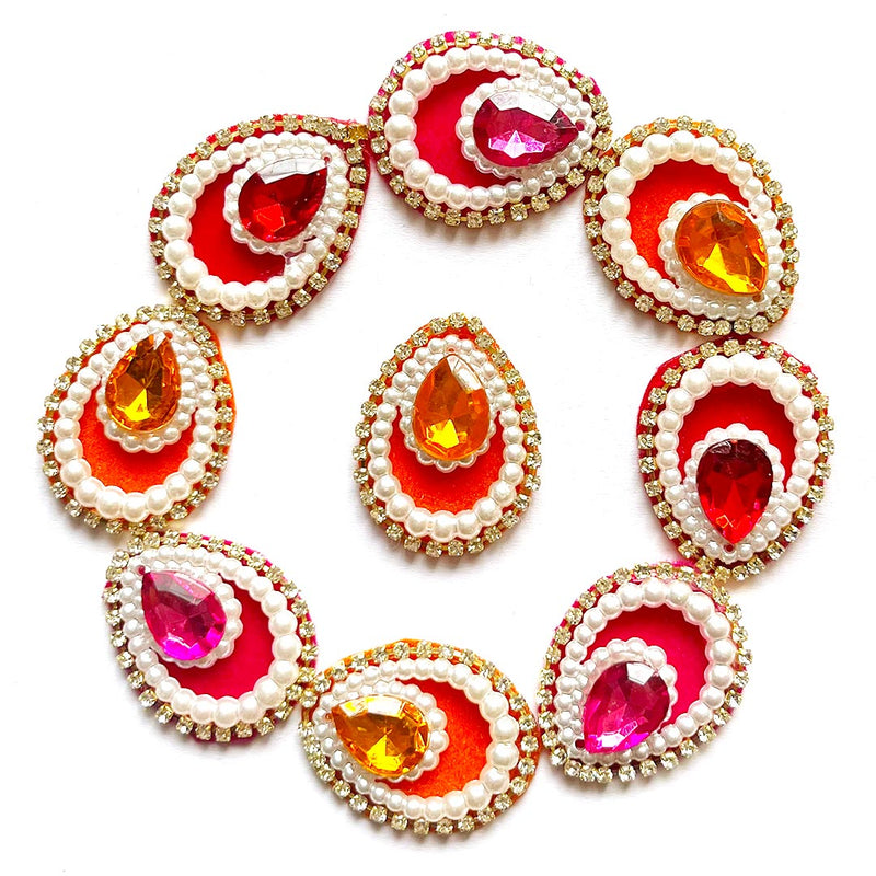 Decorative Pan Shape Fancy Embroidered Appliqué Kundan Patches Set of 20 For DIY Craft & Festival Decoraion