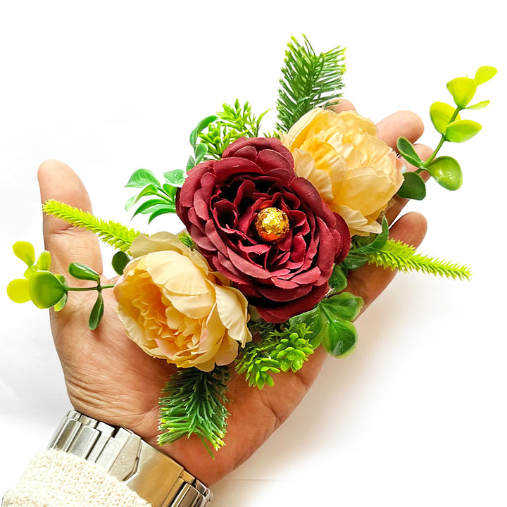 Handmade Cabbage Rose Flower with Big Peonies Leave Bunch for Trousseau Packing Set of 3