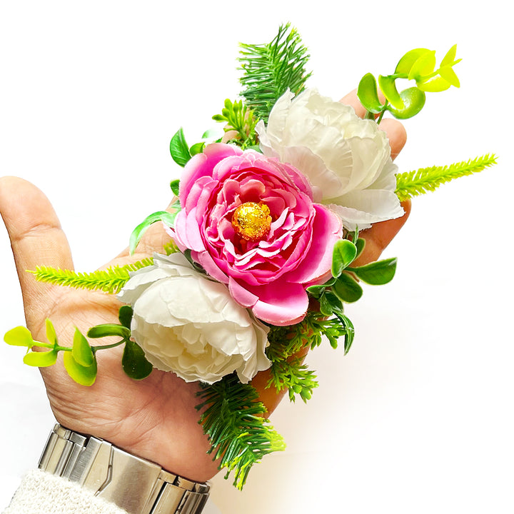 Handmade Cabbage Rose Flower with Big Peonies Leave Bunch for Trousseau Packing Set of 3