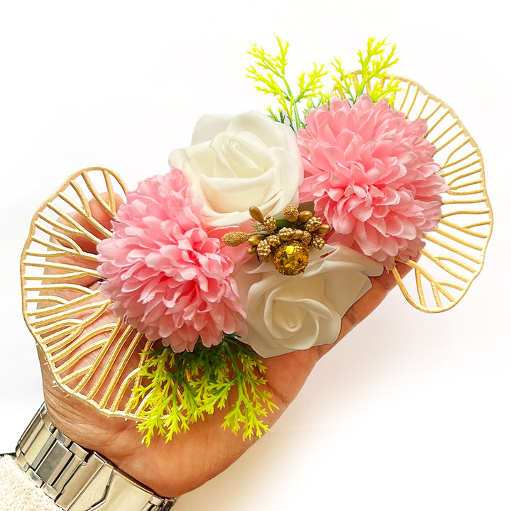 2 Carnation with 2 foam Flower Gecko Leaf Bunch Pack of 4 for Decoration, Trousseau Packing, home decor, wedding arrangements, hampers, special gift wrapping