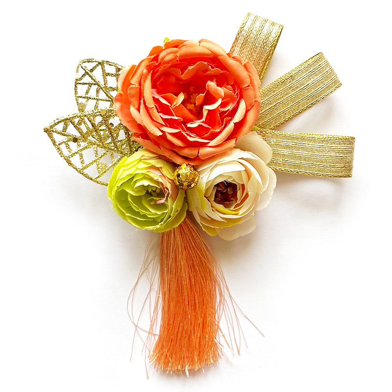 Cabbage Rose & Peonies With Tassels Flower Bunch Set of 4 for Trousseau Packing, Ready to use Flower Brooch Hamper for Decoration