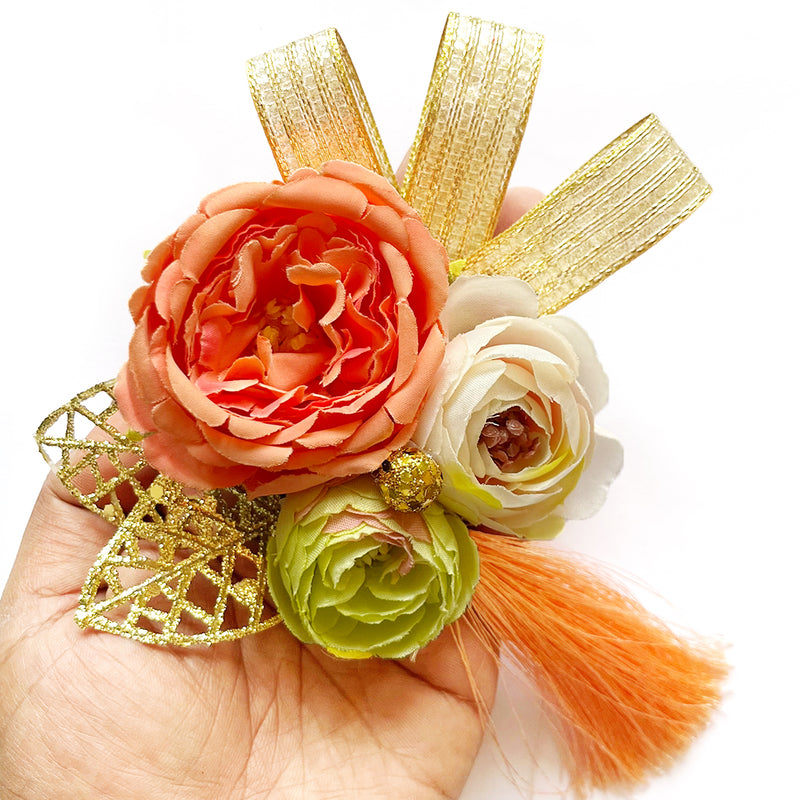 Cabbage Rose & Peonies With Tassels Flower Bunch Set of 4 for Trousseau Packing, Ready to use Flower Brooch Hamper for Decoration