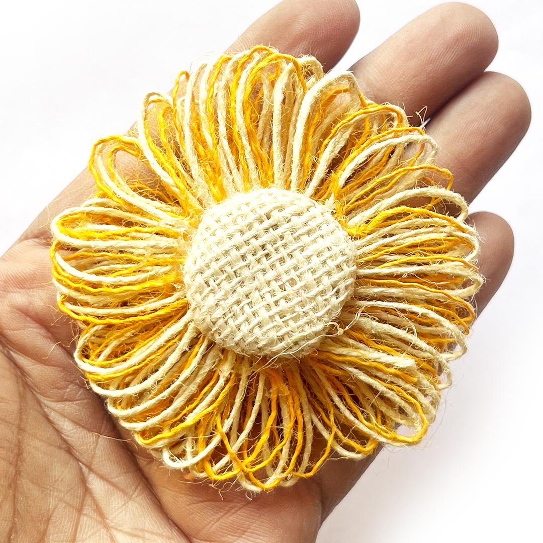 Yellow Jute Flower for Trousseau Packing, Ready to use Flower Brooch Hamper for Decoration, Gift Wrapping Flowers Set of 10