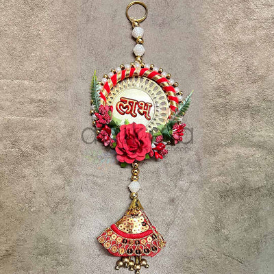 Red Color Floral With Zari Cone & Subh Labh Hanging Pair