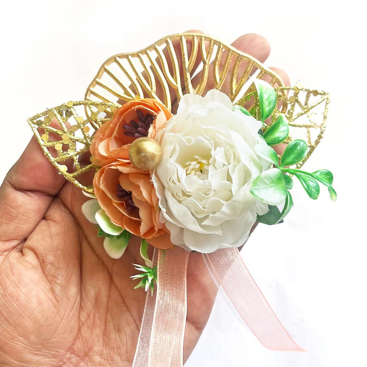 Mix Peonies Flower with Ginkgo Leaf Bunch Set of 4 for Trousseau Packing, Ready to use Flower Brooch Hamper for Decoration,