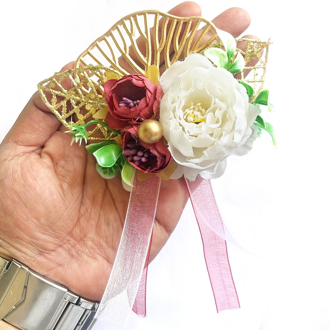 Mix Peonies Flower with Ginkgo Leaf Bunch Set of 4 for Trousseau Packing, Ready to use Flower Brooch Hamper for Decoration,