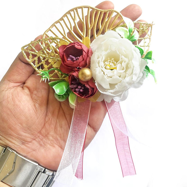 Mix Peonies Flower with Ginkgo Leaf Bunch Set of 4 for Trousseau Packing, Ready to use Flower Brooch Hamper for Decoration,