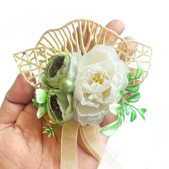 Mix Peonies Flower with Ginkgo Leaf Bunch Set of 4 for Trousseau Packing, Ready to use Flower Brooch Hamper for Decoration,
