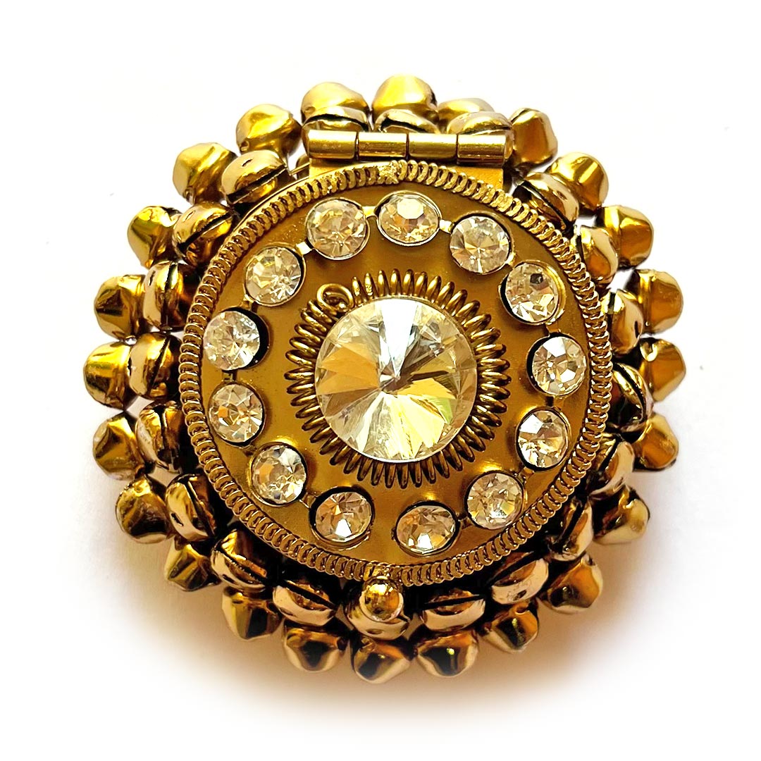 Round Shape Antique Gold Finish Handcrafted Coin Box With Stonework & Ghungroo For Wedding & Gifting