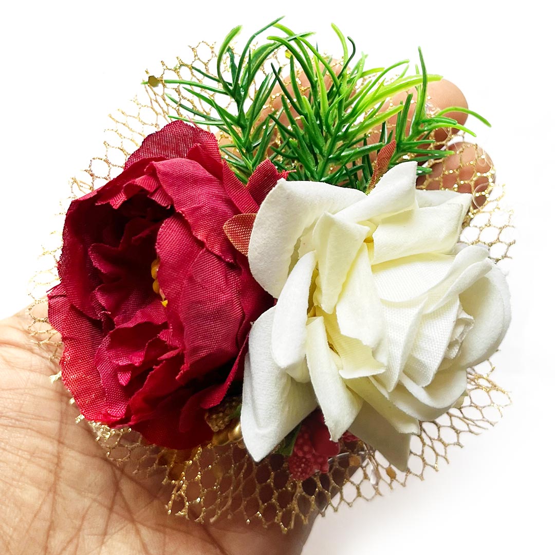Big Peony with Rose Bunch Set of 4 for Trousseau Packing, Ready to use Flower Brooch Hamper for Decoration