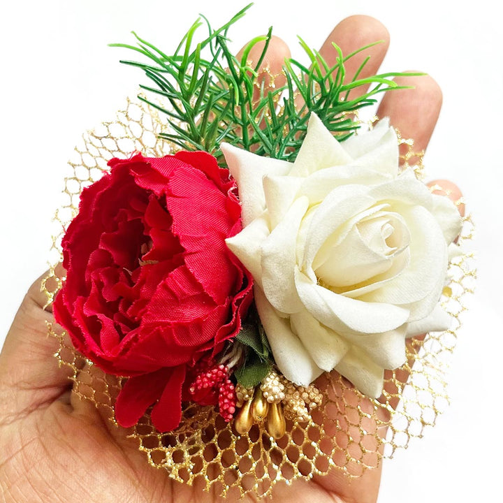 Big Peony with Rose Bunch Set of 4 for Trousseau Packing, Ready to use Flower Brooch Hamper for Decoration