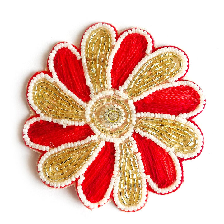 Red & Golden Cutdana Flower Shape Booti Patch Pack Of 4 For Bandhanwar Festive Decorations & DIY Crafts