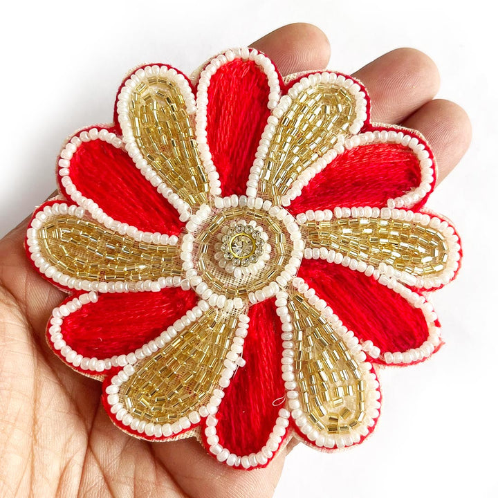 Red & Golden Cutdana Flower Shape Booti Patch Pack Of 4 For Bandhanwar Festive Decorations & DIY Crafts