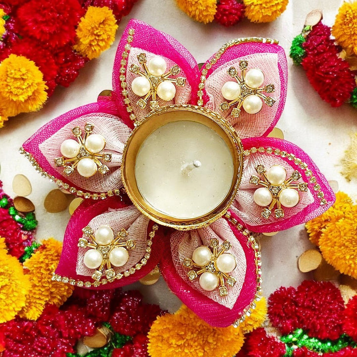 Decorative Fabric Rangoli Tea-light Holder Pair For Diwali, Home Decoration & Festive