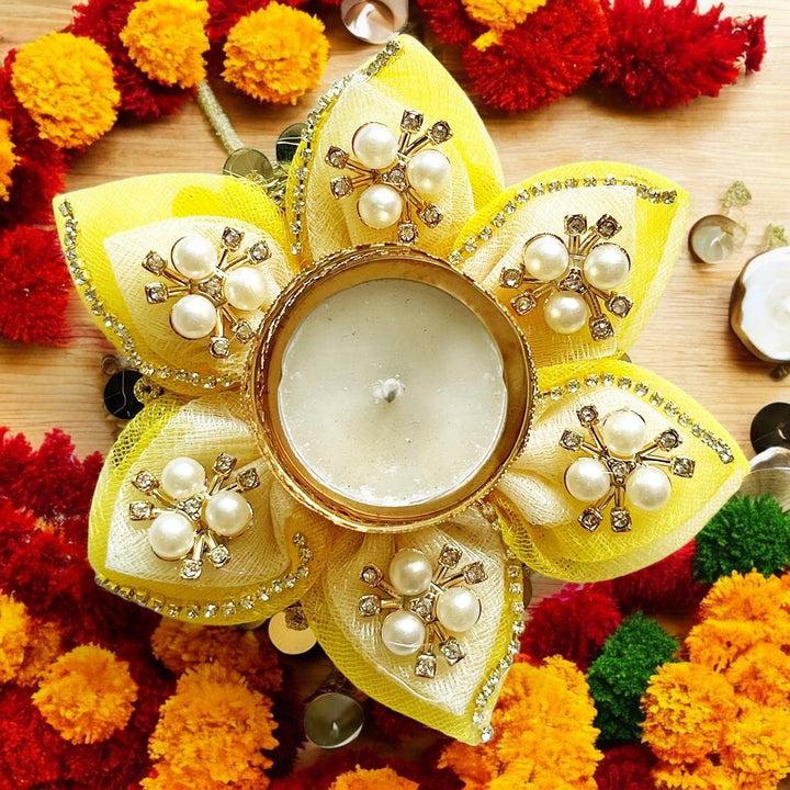 Decorative Fabric Rangoli Tea-light Holder Pair For Diwali, Home Decoration & Festive
