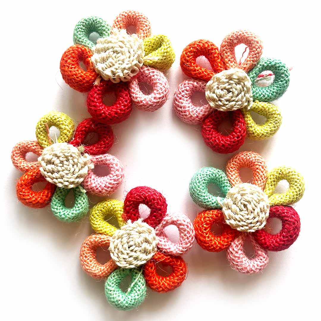 Mix Color Jute Flower for Trousseau Packing, Ready to use Flower Brooch Hamper for Decoration, Gift Wrapping Flowers Pack of 10