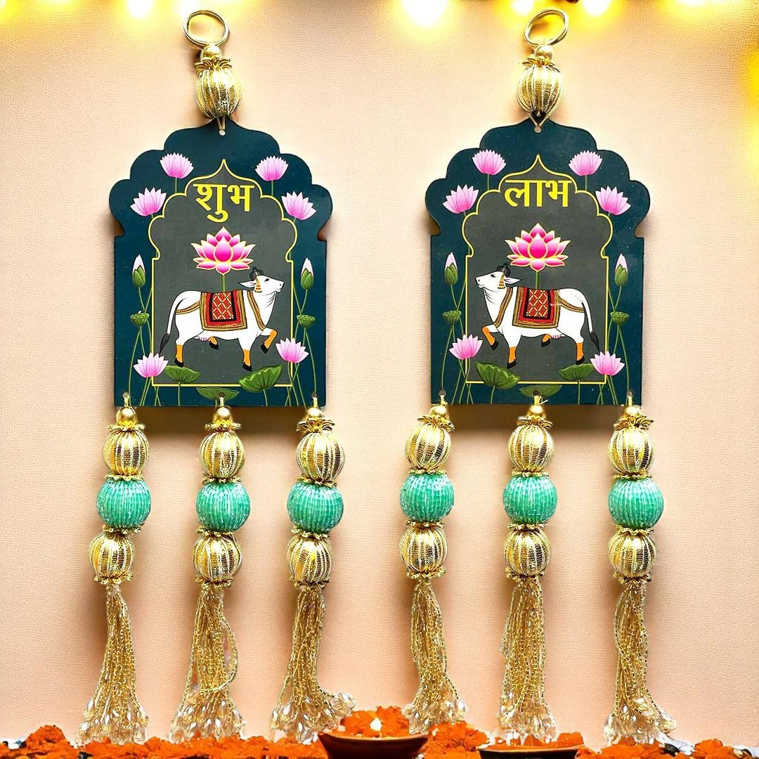 Pichwai Cow Shubh Labh Tassels Hanging Pair For Home Decoration & Festive D5