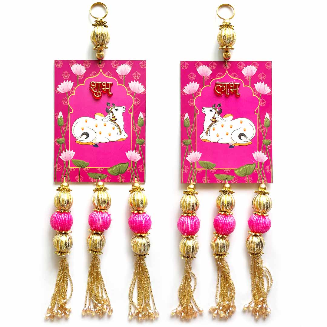 Pichwai Cow Shubh Labh Tassels Hanging Pair For Home Decoration & Festive D7