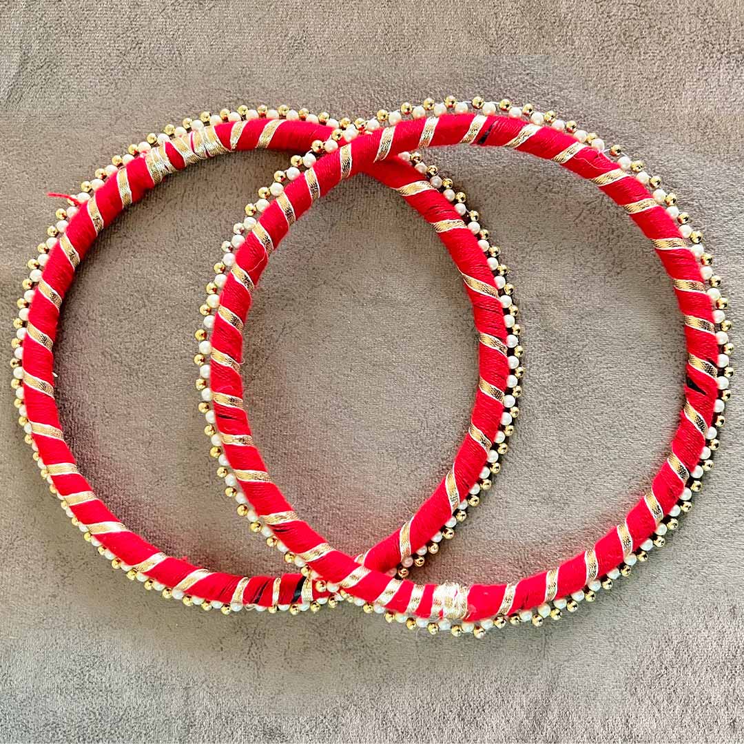 8 Inches Red Color Gota & Pearl Beads Ring Set Of 6