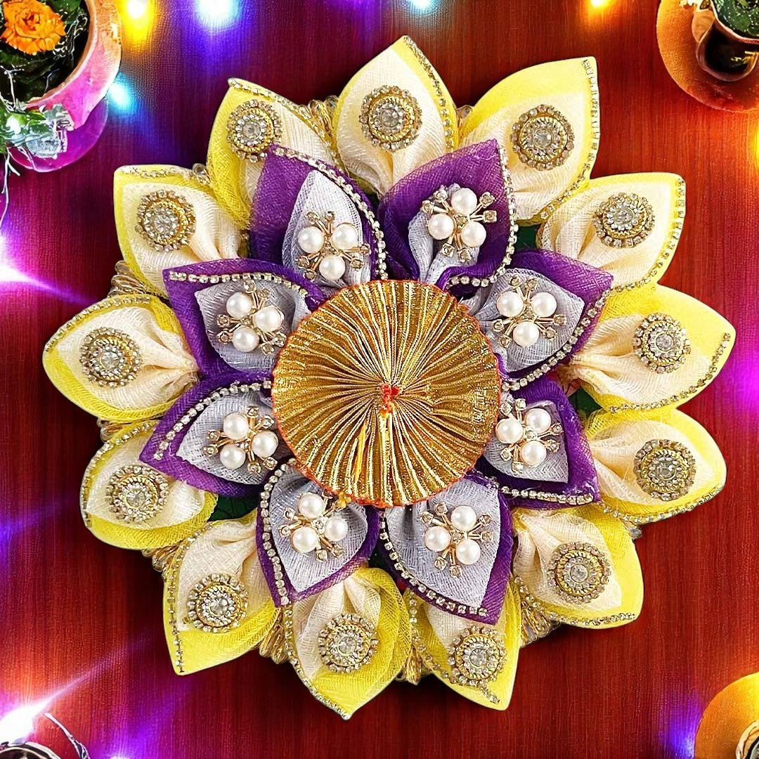 Two Layered Decorative Fabric Rangoli Tea-light Holder Pair For Diwali, Home Decoration & Festive
